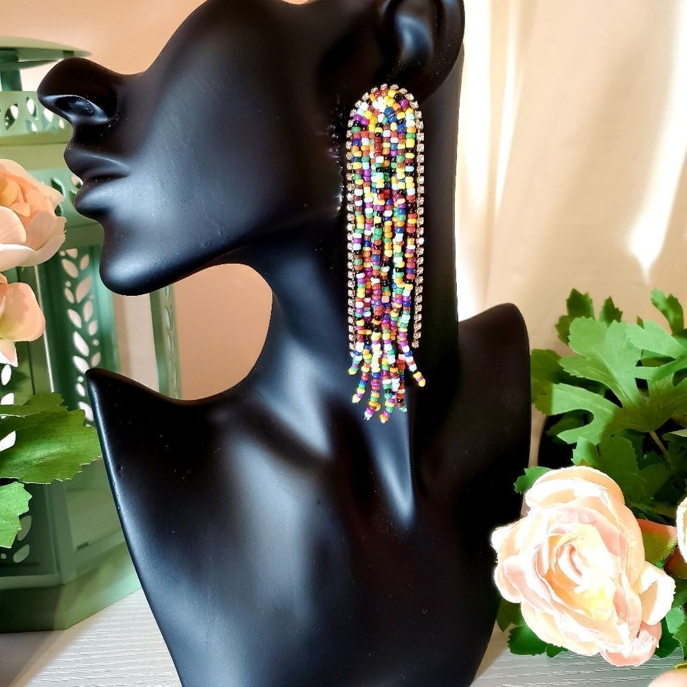 𝅺MULTI COLOR BOUND SEED BEAD FRINGE EARRINGS